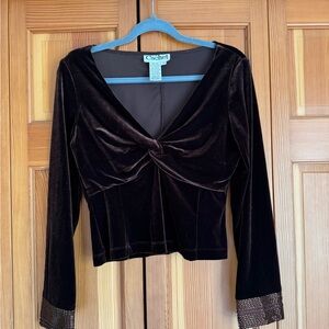 Cachet Brown Velvet Beaded-Cuff Twist-Front Long Sleeve Blouse Size 4 Vintage